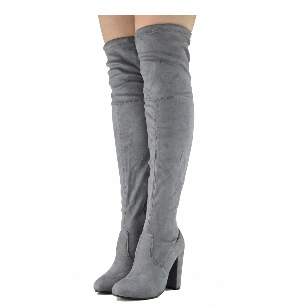 Kickfootwear WOMENS Sadie Over The Knee Block Metallic Heel Boots - Grey Silver 1 Kickfootwear WOMENS Sadie Over The Knee Block Metallic Heel Boots - Grey Silver