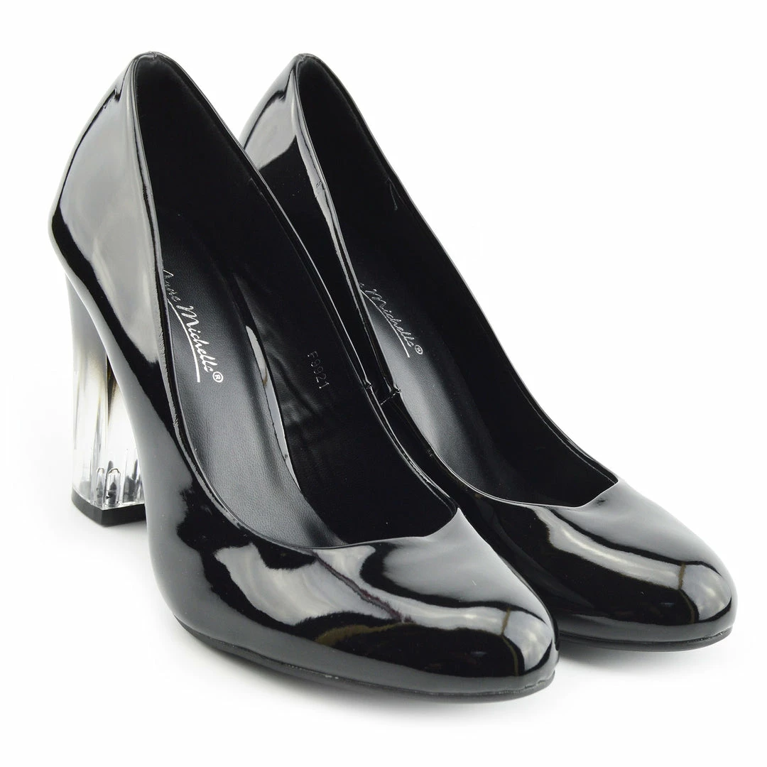 Kickfootwear WOMENS Clear Heel Patent Court Shoes - Black Patent 5 Kickfootwear WOMENS Clear Heel Patent Court Shoes - Black Patent
