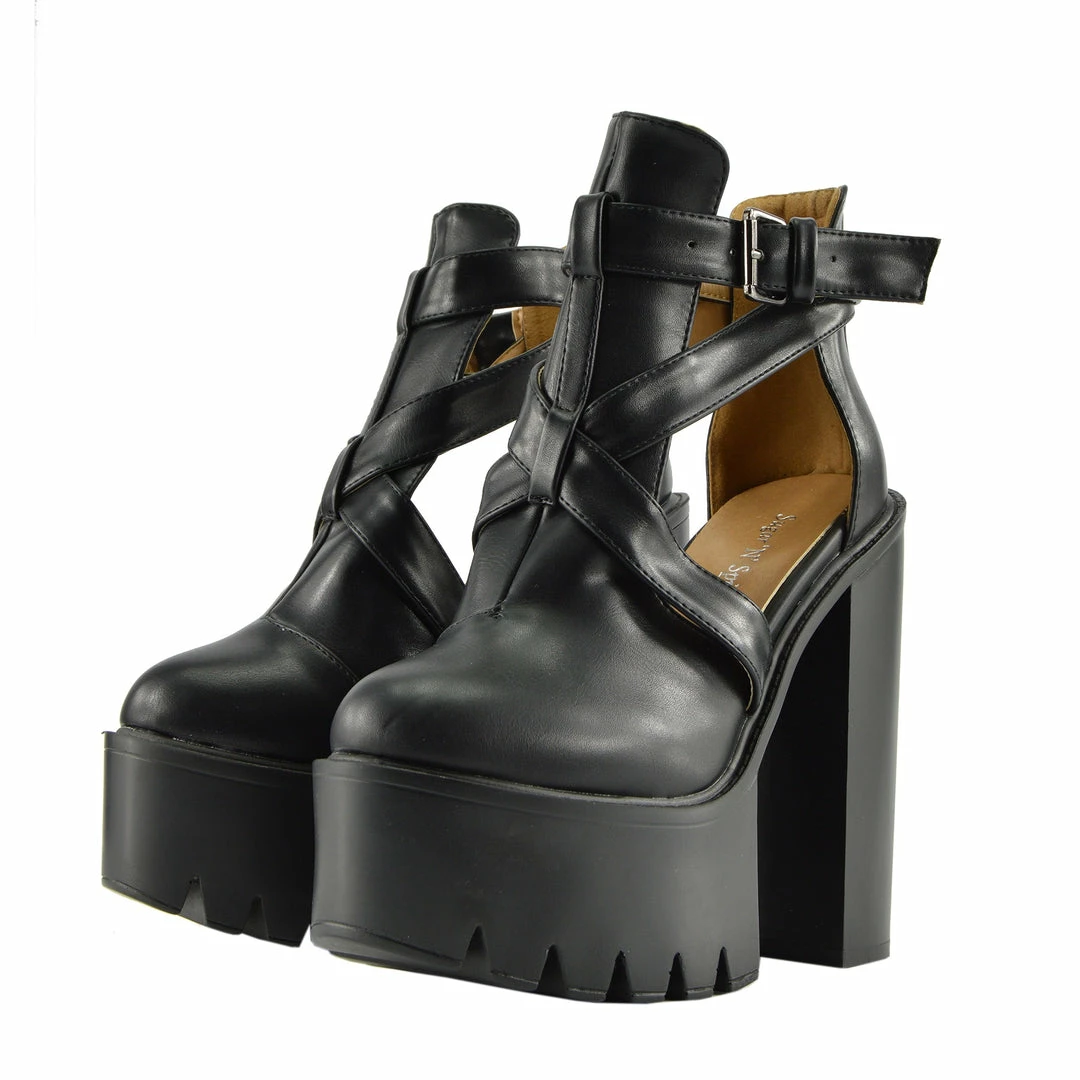 Kickfootwear WOMENS Robyn Cut Out Buckle Cleated Platform Shoes - Black D4660 3 Kickfootwear WOMENS Robyn Cut Out Buckle Cleated Platform Shoes - Black D4660