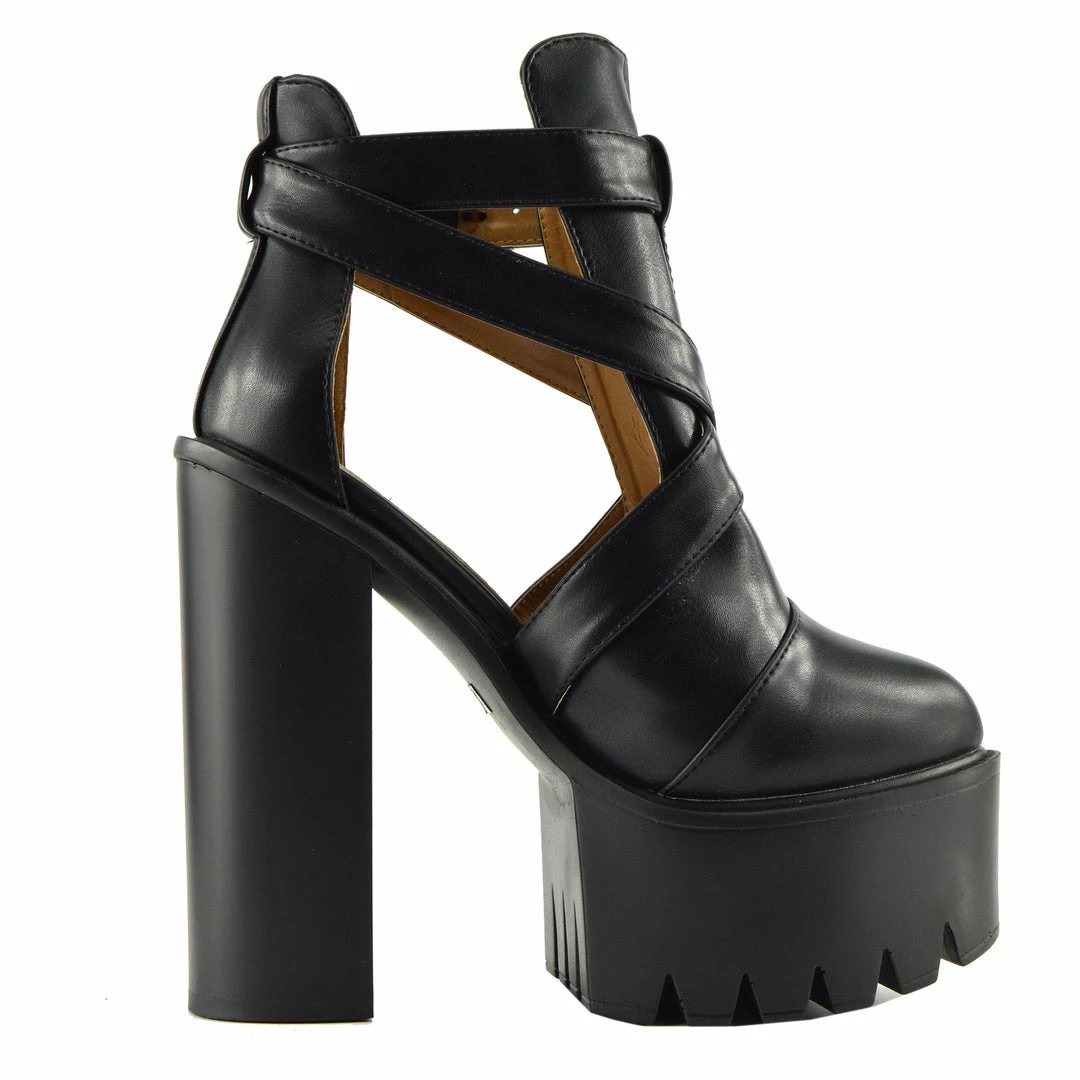 Kickfootwear WOMENS Robyn Cut Out Buckle Cleated Platform Shoes - Black D4660 2 Kickfootwear WOMENS Robyn Cut Out Buckle Cleated Platform Shoes - Black D4660