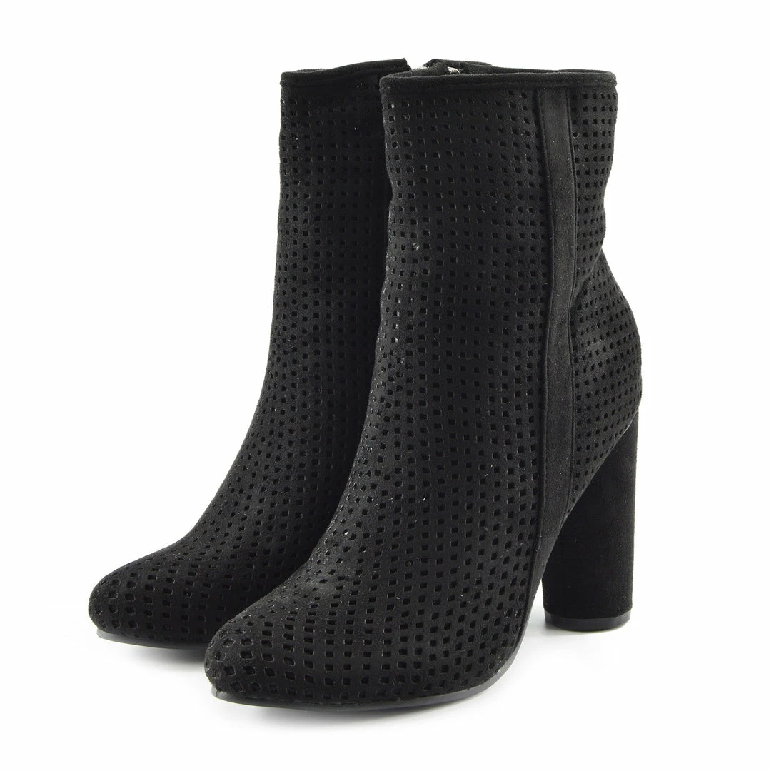 Kickfootwear Molly Perforated Pattern Block Heel Ankle Boot - Black 2 Kickfootwear Molly Perforated Pattern Block Heel Ankle Boot - Black