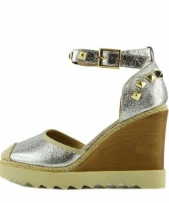 Kickfootwear Studded Platform Wedge Espadrille Heels - Silver WOMENS
