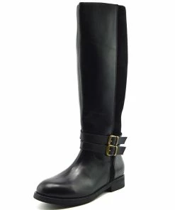 Kickfootwear Tilly Leather Knee-High Riding Boots Elastic Wide Calf Boots - Black WOMENS
