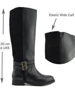 Kickfootwear Tilly Leather Knee-High Riding Boots Elastic Wide Calf Boots - Black WOMENS