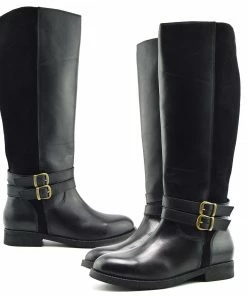 Kickfootwear Tilly Leather Knee-High Riding Boots Elastic Wide Calf Boots - Black WOMENS