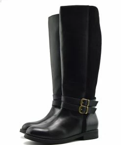Kickfootwear Tilly Leather Knee-High Riding Boots Elastic Wide Calf Boots - Black WOMENS
