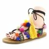 Kickfootwear Womens Fluffy Pom Pom Summer Gladiator Flat Sandals - Black