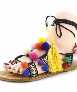 Kickfootwear Womens Fluffy Pom Pom Summer Gladiator Flat Sandals - Black