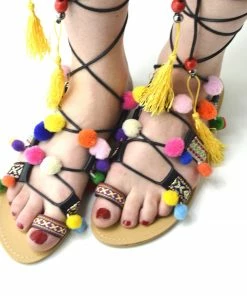 Kickfootwear Womens Fluffy Pom Pom Summer Gladiator Flat Sandals - Black