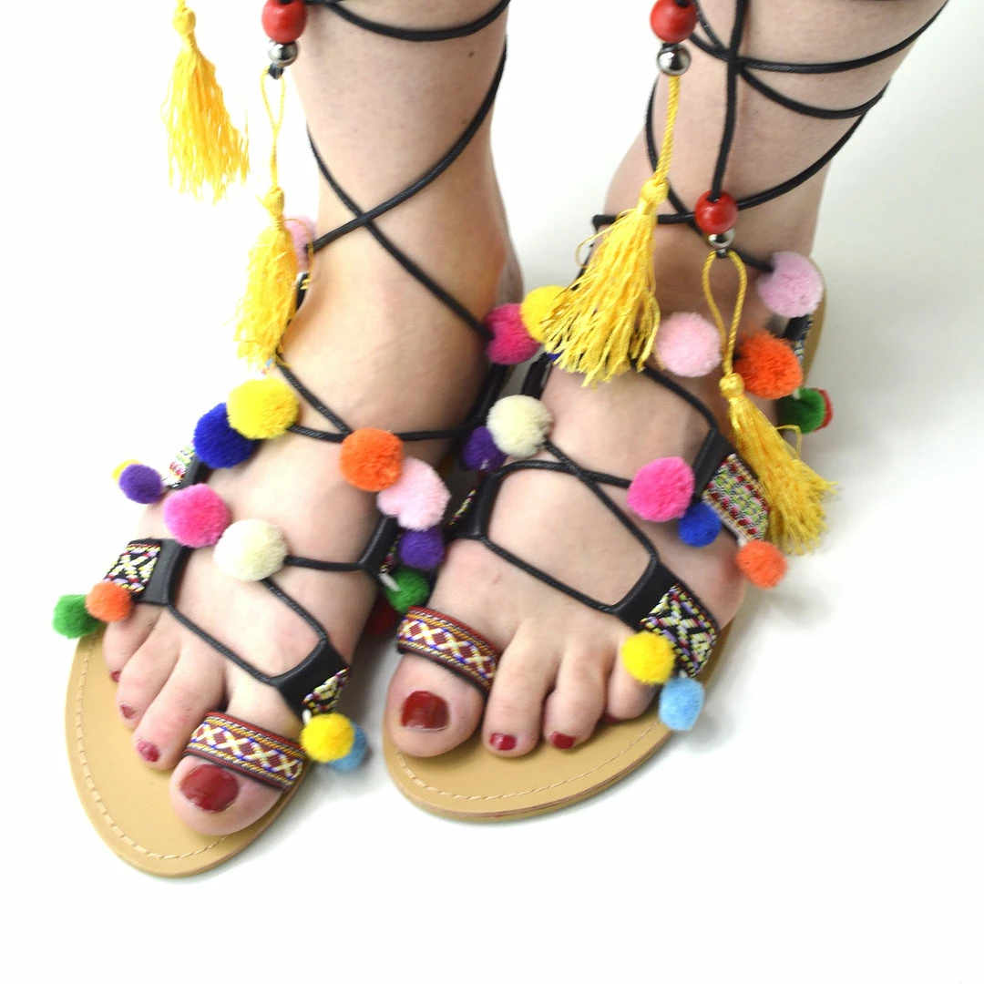 Kickfootwear Womens Fluffy Pom Pom Summer Gladiator Flat Sandals - Black 2 Kickfootwear Womens Fluffy Pom Pom Summer Gladiator Flat Sandals - Black