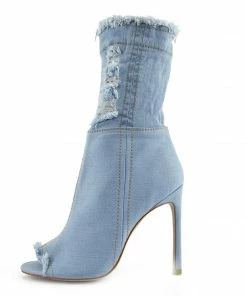 Kickfootwear Jade Stretch Peep Toe Sock Ankle Denim Boots - Light Blue Denim