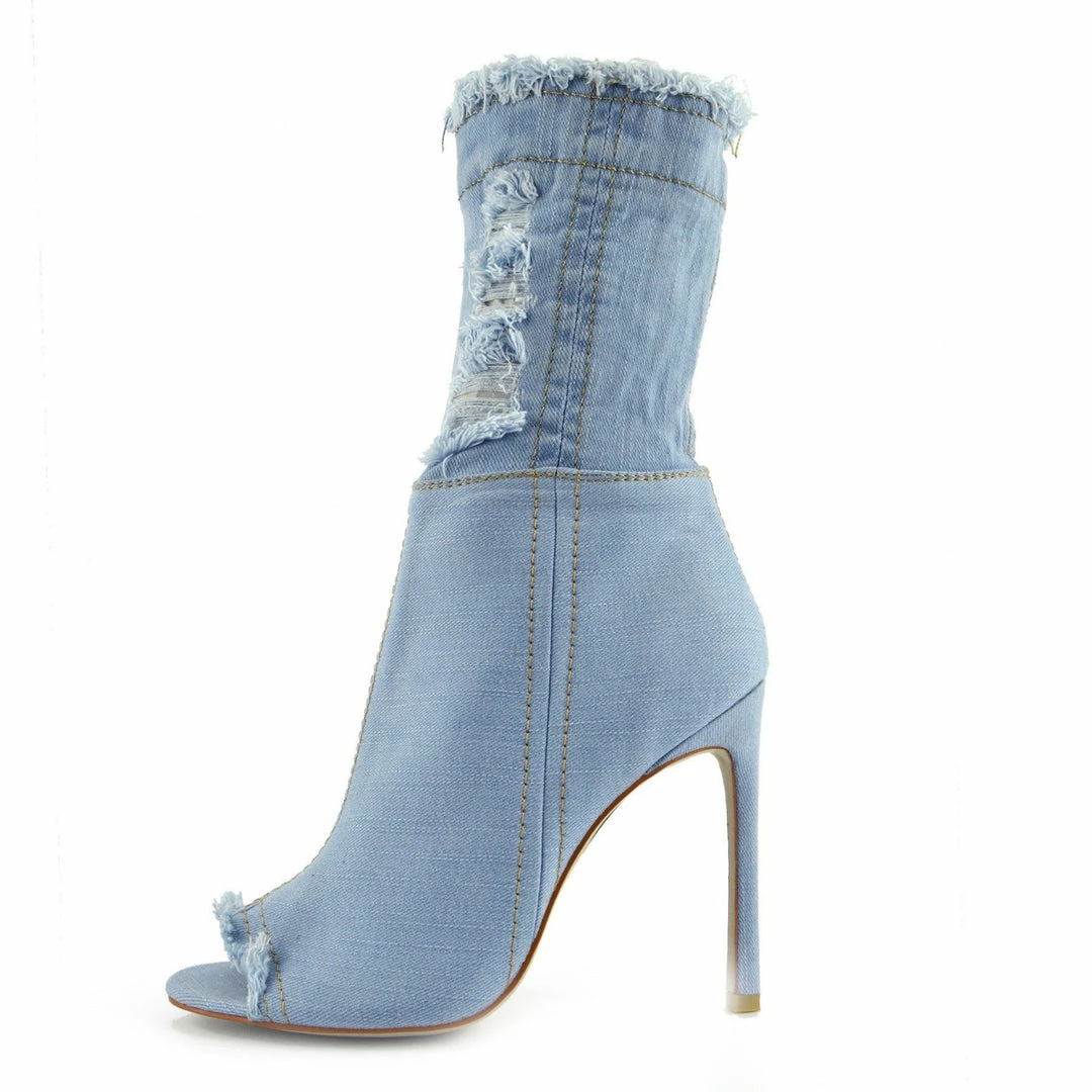 Kickfootwear Jade Stretch Peep Toe Sock Ankle Denim Boots - Light Blue Denim 1 Kickfootwear Jade Stretch Peep Toe Sock Ankle Denim Boots - Light Blue Denim