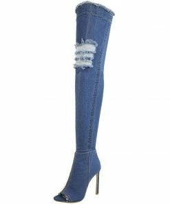 Kickfootwear Jade Stretch Peep Toe Over The Knee Denim Boots - Mid Blue Denim WOMENS