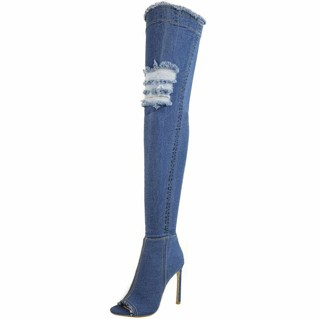 Kickfootwear Jade Stretch Peep Toe Over The Knee Denim Boots - Mid Blue Denim WOMENS 1 Kickfootwear Jade Stretch Peep Toe Over The Knee Denim Boots - Mid Blue Denim WOMENS