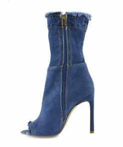 Kickfootwear Jade Stretch Peep Toe Sock Ankle Denim Boots - Light Blue Denim