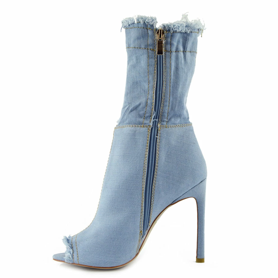 Kickfootwear Jade Stretch Peep Toe Sock Ankle Denim Boots - Light Blue Denim 3 Kickfootwear Jade Stretch Peep Toe Sock Ankle Denim Boots - Light Blue Denim