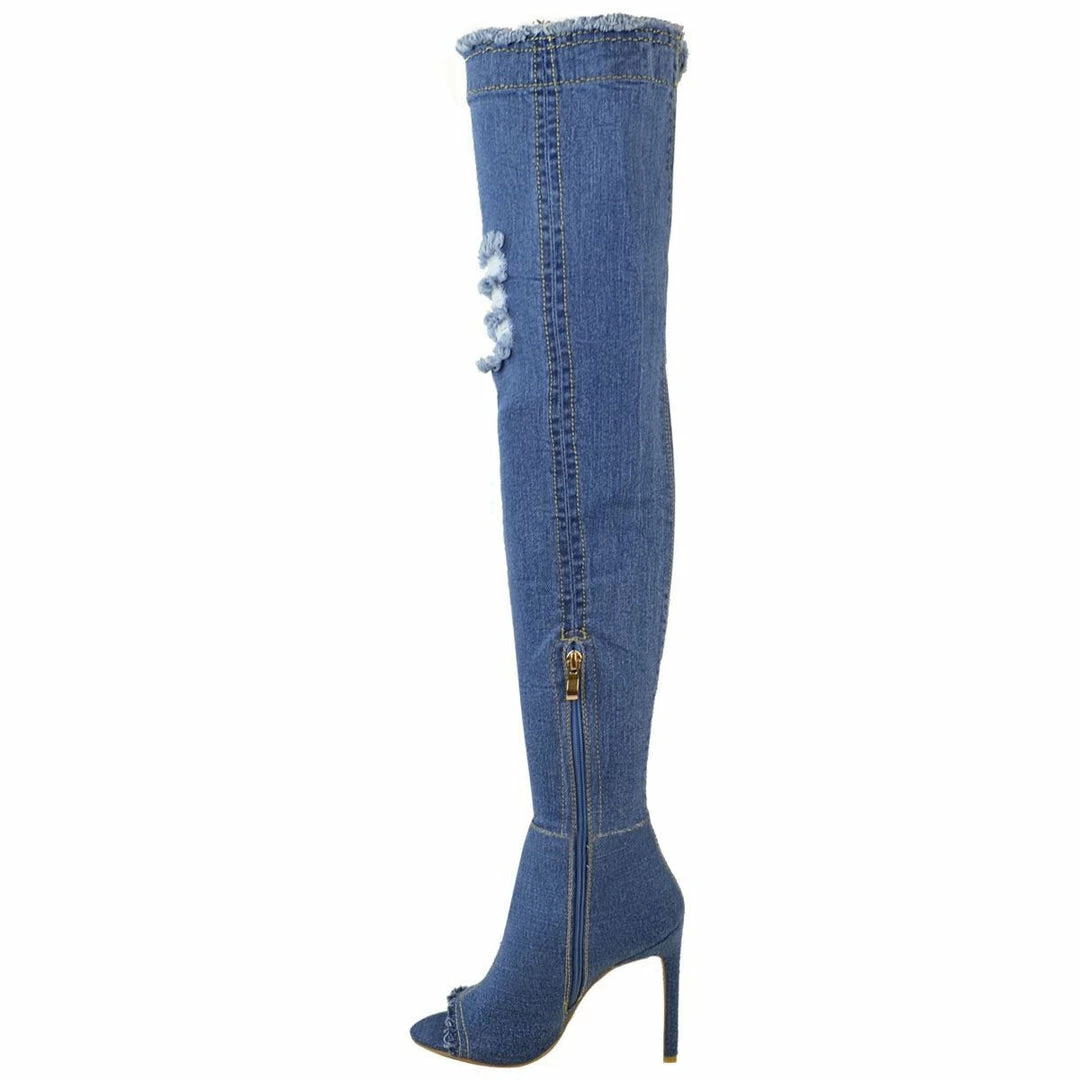 Kickfootwear Jade Stretch Peep Toe Over The Knee Denim Boots - Mid Blue Denim WOMENS 3 Kickfootwear Jade Stretch Peep Toe Over The Knee Denim Boots - Mid Blue Denim WOMENS