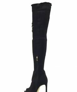 Kickfootwear Jade Stretch Peep Toe Over The Knee Denim Boots - Black Denim WOMENS