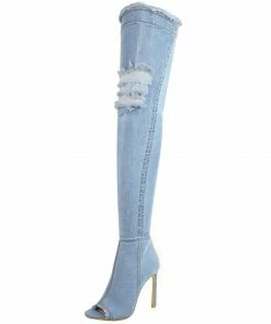 Kickfootwear Jade Stretch Peep Toe Over The Knee Denim Boots - Light Blue Denim