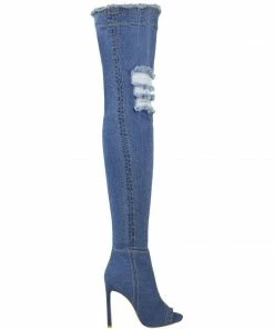 Kickfootwear Jade Stretch Peep Toe Over The Knee Denim Boots - Mid Blue Denim WOMENS