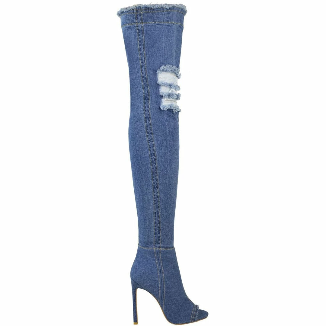 Kickfootwear Jade Stretch Peep Toe Over The Knee Denim Boots - Mid Blue Denim WOMENS 2 Kickfootwear Jade Stretch Peep Toe Over The Knee Denim Boots - Mid Blue Denim WOMENS