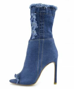 Kickfootwear Jade Stretch Peep Toe Sock Ankle Denim Boots - Light Blue Denim
