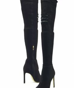 Kickfootwear Jade Stretch Peep Toe Over The Knee Denim Boots - Black Denim WOMENS