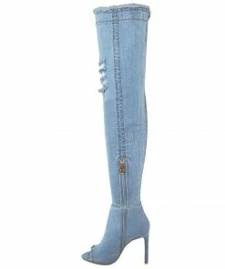 Kickfootwear Jade Stretch Peep Toe Over The Knee Denim Boots - Light Blue Denim 6 Kickfootwear Jade Stretch Peep Toe Over The Knee Denim Boots - Light Blue Denim