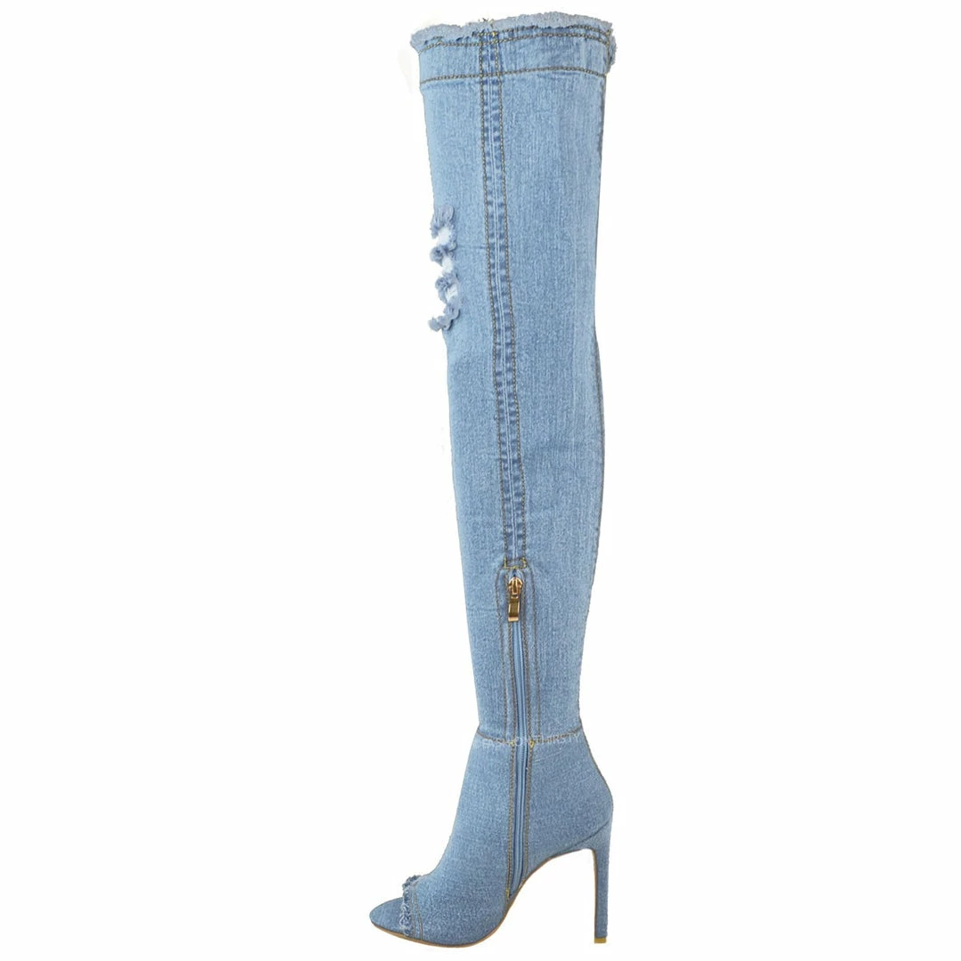 Kickfootwear Jade Stretch Peep Toe Over The Knee Denim Boots - Light Blue Denim 3 Kickfootwear Jade Stretch Peep Toe Over The Knee Denim Boots - Light Blue Denim
