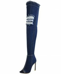 Kickfootwear Jade Stretch Peep Toe Over The Knee Denim Boots - Dark Blue Denim