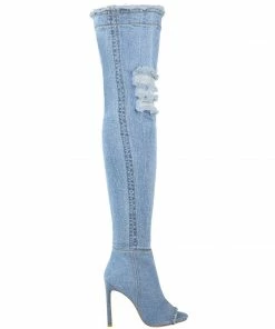 Kickfootwear Jade Stretch Peep Toe Over The Knee Denim Boots - Light Blue Denim
