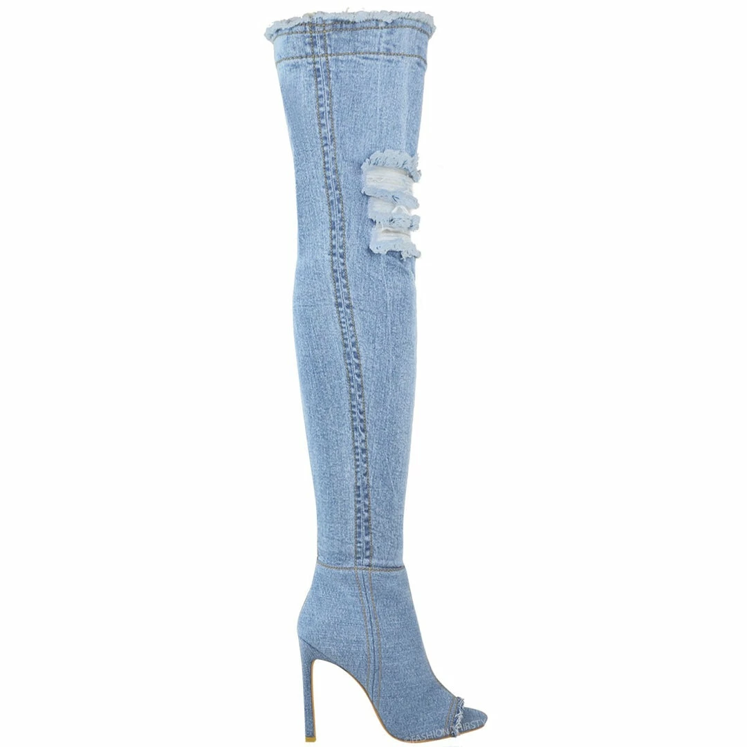 Kickfootwear Jade Stretch Peep Toe Over The Knee Denim Boots - Light Blue Denim 2 Kickfootwear Jade Stretch Peep Toe Over The Knee Denim Boots - Light Blue Denim