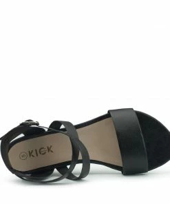 Kickfootwear Low Wedge Leather Wide Strap Sandals - Black