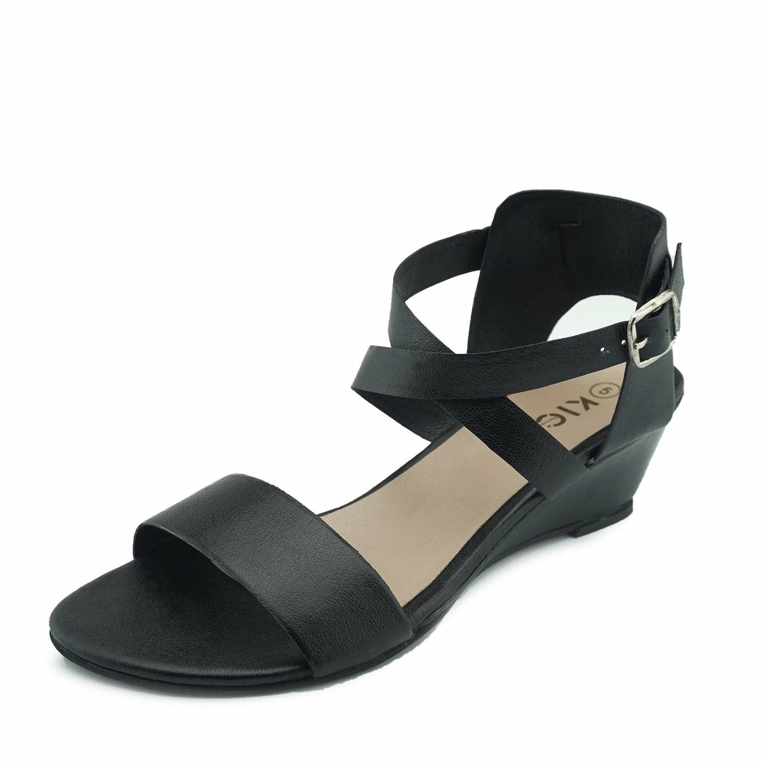 Kickfootwear Low Wedge Leather Wide Strap Sandals - Black 3 Kickfootwear Low Wedge Leather Wide Strap Sandals - Black