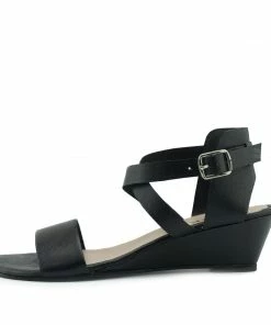 Kickfootwear Low Wedge Leather Wide Strap Sandals - Black