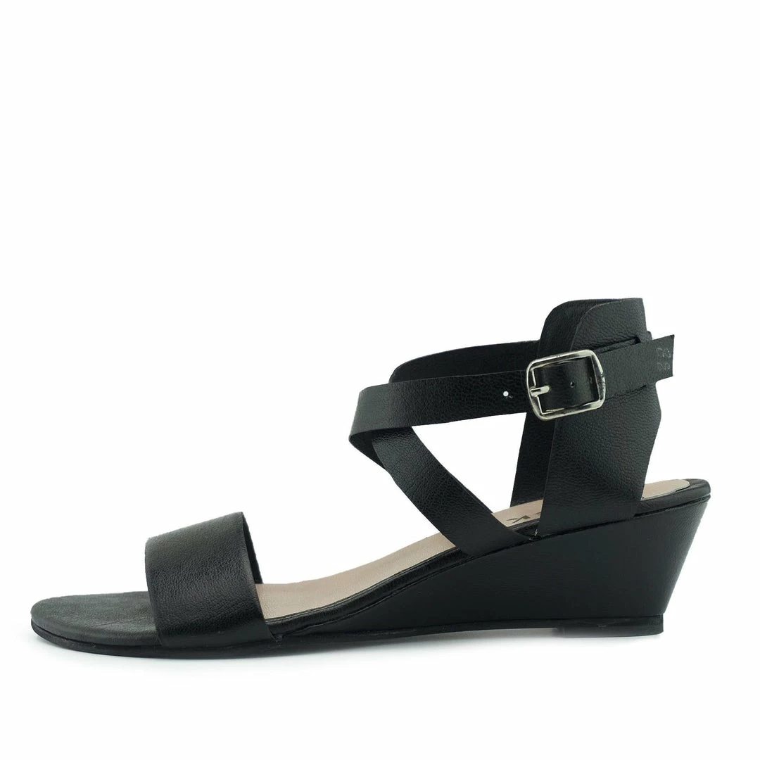 Kickfootwear Low Wedge Leather Wide Strap Sandals - Black 1 Kickfootwear Low Wedge Leather Wide Strap Sandals - Black