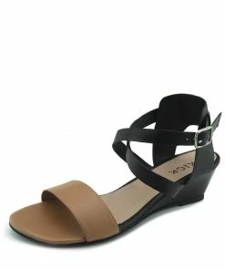 Kickfootwear WOMENS Low Wedge Leather Wide Strap Sandals - Tan