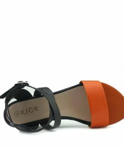 Kickfootwear WOMENS Low Wedge Leather Wide Strap Sandals - Orange